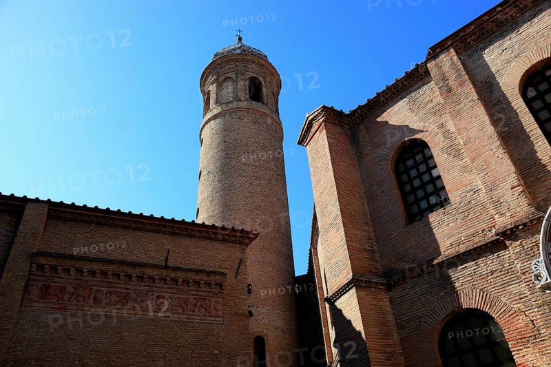 Basilica Basilica of San Vitale, is one of the most important church buildings of the late antique-early Byzantine period, with campanile, World Heritage Site, Ravenna, Emilia Romagna, Italy