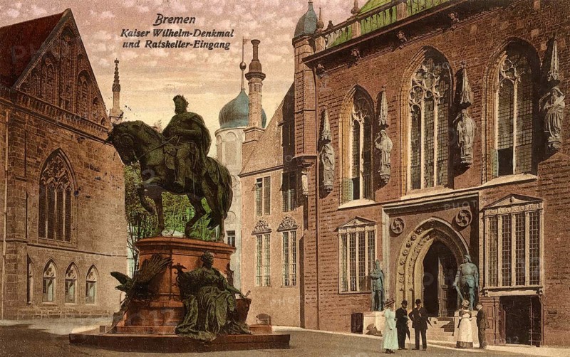Historical postcard around 1900, Bremen, Kaiser Wilhelm Memorial and Ratskeller, Germany, reproduction of a postcard, historical