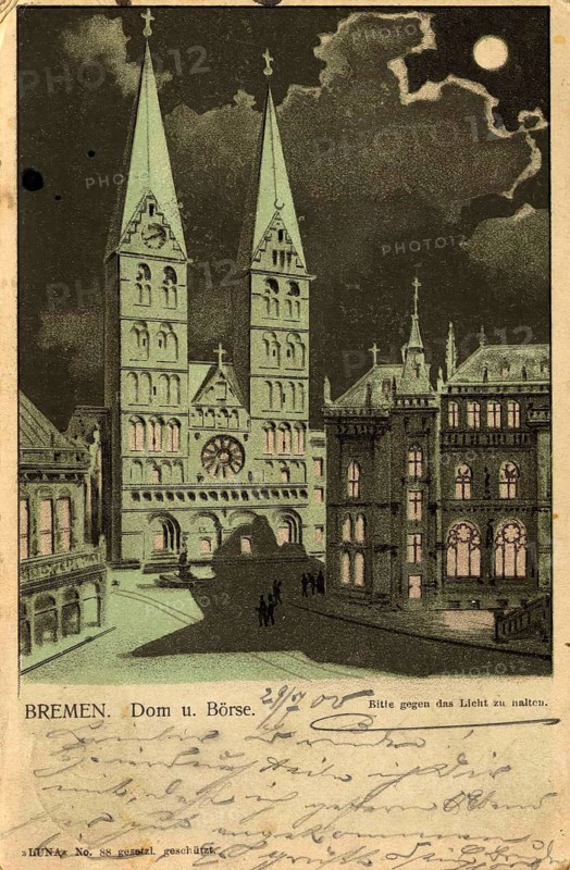 Historical postcard around 1900, Bremen, cathedral and stock exchange, Germany, reproduction of a postcard, historical