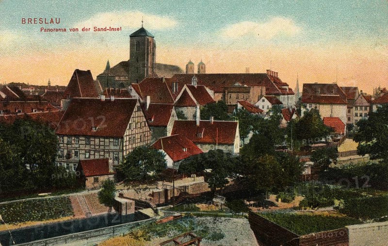 Historical postcard around 1900, Wroclaw, panorama of the Sand Island, today Wroclaw, Lower Silesia, Poland, reproduction of a postcard, historical