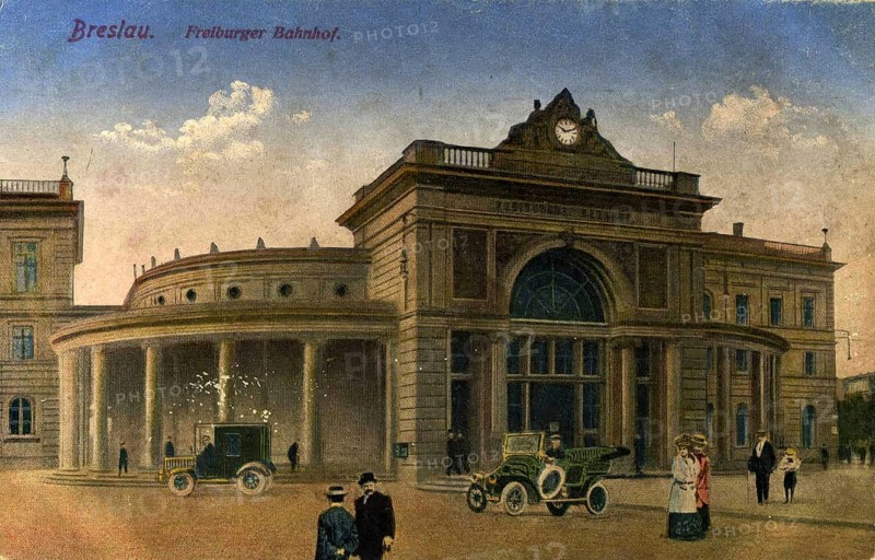 Historical postcard around 1900, Freiburg railway station in Breslau, today Wroclaw in Lower Silesia, Poland, reproduction of a postcard, historic