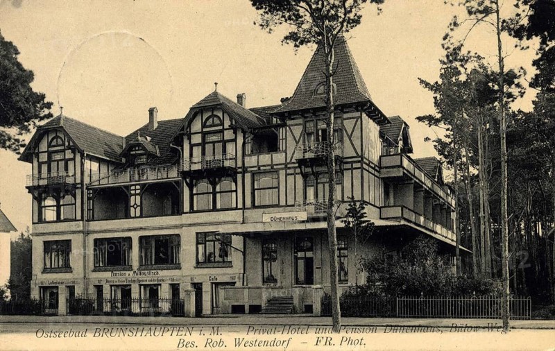 Historic postcard around 1900, Baltic resort Brunshaupten i.M., Hotel Dünenhaus, historic town on the Mecklenburg Baltic Sea coast, which merged with Arendsee and Fulgen in 1937 to form today's Baltic resort Kühlungsborn, Mecklenburg-Western Pomerania, Germany, reproduction of a postcard, historic