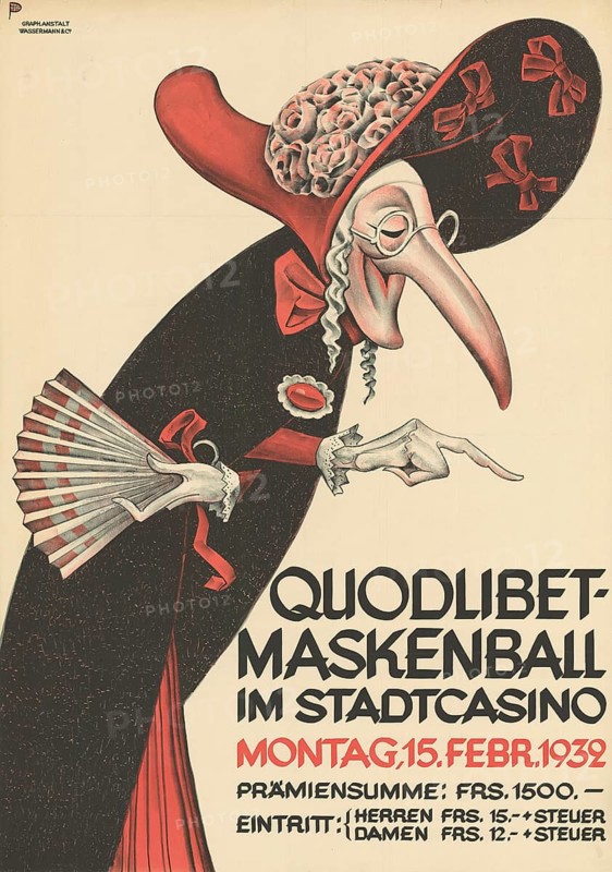 Otto Plattner (b. 29 June 1886, d. 20 October 1951), Swiss painter, graphic artist: advertising, cultural event, Quodlibet masked ball in the Stadtcasino, 1932, Switzerland, reproduction of a poster, poster for a masked ball in 1932 with a stylised figure in red and black costume