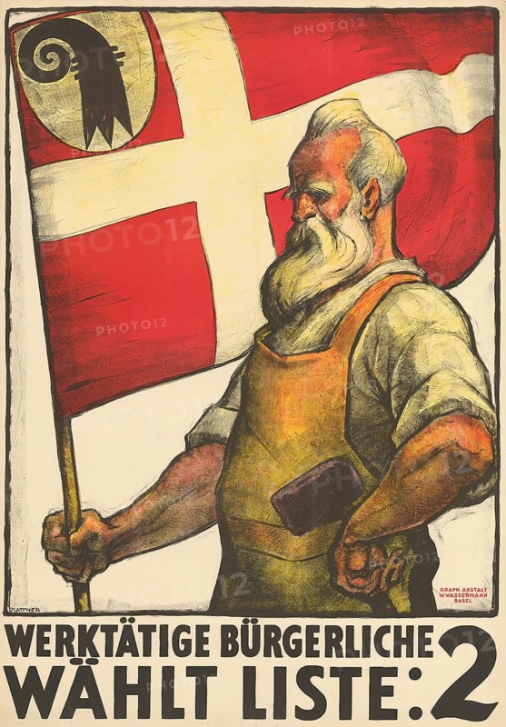 Otto Plattner (b. 29 June 1886, d. 20 October 1951), Swiss painter, graphic artist: Politics, election poster, Werktätige Bürgerliche Liste 2, Switzerland, 1922, reproduction of a poster, patriotic poster of a bearded man with a large flag, symbolising the working class, red and white theme