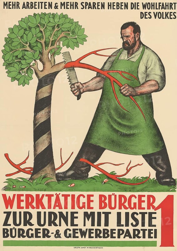 Otto Plattner (b. 29 June 1886, d. 20 October 1951), Swiss painter, graphic artist: politics, election poster, Working Citizens List 1, Citizens' Party, Trade Party, election appeal, 1923, Switzerland, reproduction of a poster, Strong man uprooting tree, symbolic of hard work and national progress, green, red