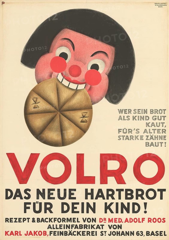 Otto Plattner (b. 29 June 1886, d. 20 October 1951), Swiss painter, graphic artist: Economy, advertising, Volro, the new hard bread for your child, Jakob bakery from Basel, 1935, Switzerland, reproduction of a poster, advertising poster for hard bread as a children's product with a childish smile and a large loaf of bread in the foreground