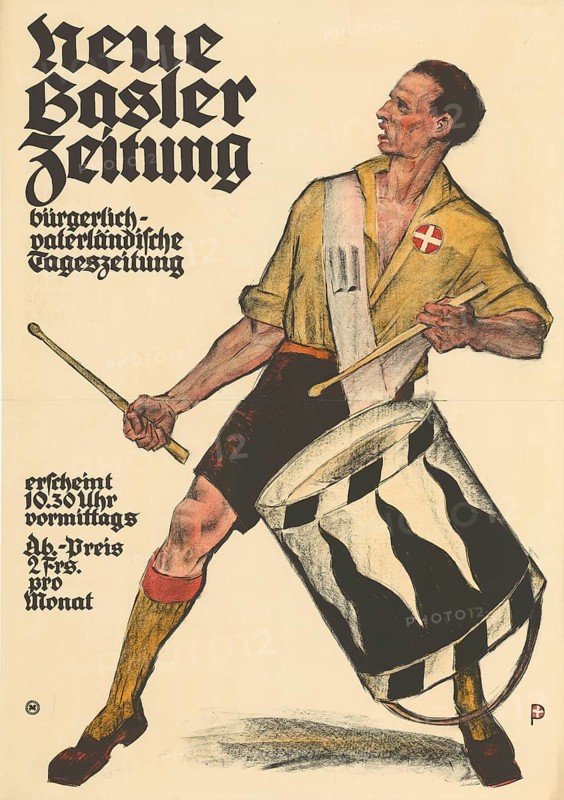 Otto Plattner (b. 29 June 1886, d. 20 October 1951), Swiss painter, graphic artist: advertising, press, Neue Basler Zeitung, bourgeois patriotic daily newspaper, 1935, Switzerland, reproduction of a poster, A drummer with a flag, advertising the new edition of a Basel newspaper