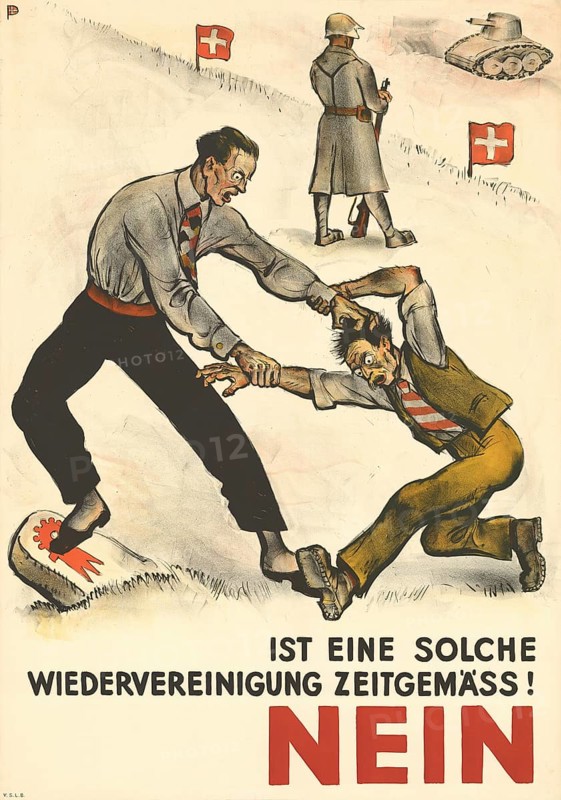 Otto Plattner (b. 29 June 1886, d. 20 October 1951), Swiss painter, graphic artist: Politics, Protest, Is such a reunification in keeping with the times, No, 1938, Switzerland, reproduction of a poster, Two men fighting, Swiss flags in the background, political message