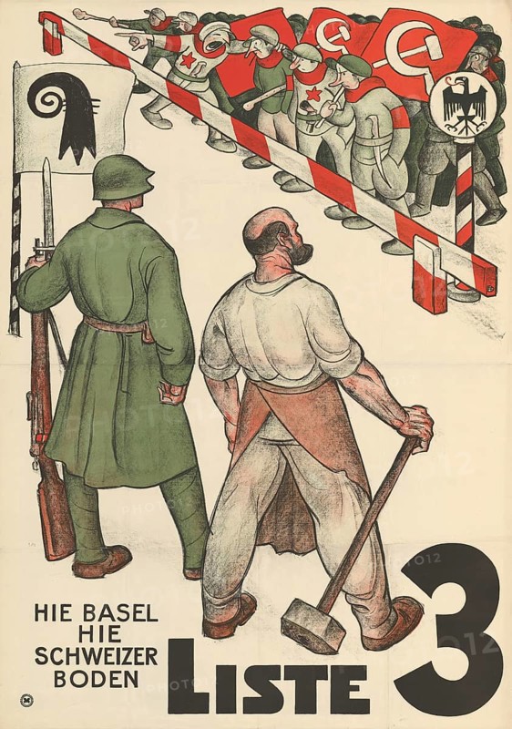 Otto Plattner (b. 29 June 1886, d. 20 October 1951), Swiss painter, graphic artist: Politics, election advertising, List 3, Swiss soil, 1925, Switzerland, reproduction of a poster, A soldier and a worker stand in front of a border crossing with political symbols