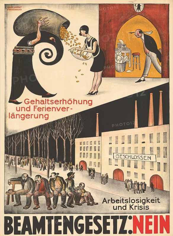 Otto Plattner (b. 29 June 1886, d. 20 October 1951), Swiss painter, graphic artist: Politics, Protest, Civil Service Law No, Waste of Taxes, 1927, Switzerland, Reproduction of a poster, Satirical poster showing grievances caused by inflation and unemployment in the 1920s