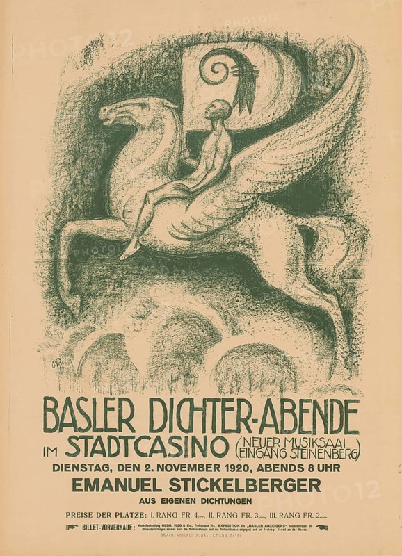 Otto Plattner (b. 29 June 1886, d. 20 October 1951), Swiss painter, graphic artist: Event, Basel Poetry Evenings, Emanuel Stickelberger, 1920, Switzerland, reproduction of a poster, angel on Pegasus in a poster for a literary evening in 1920 at the Stadtcasino Basel
