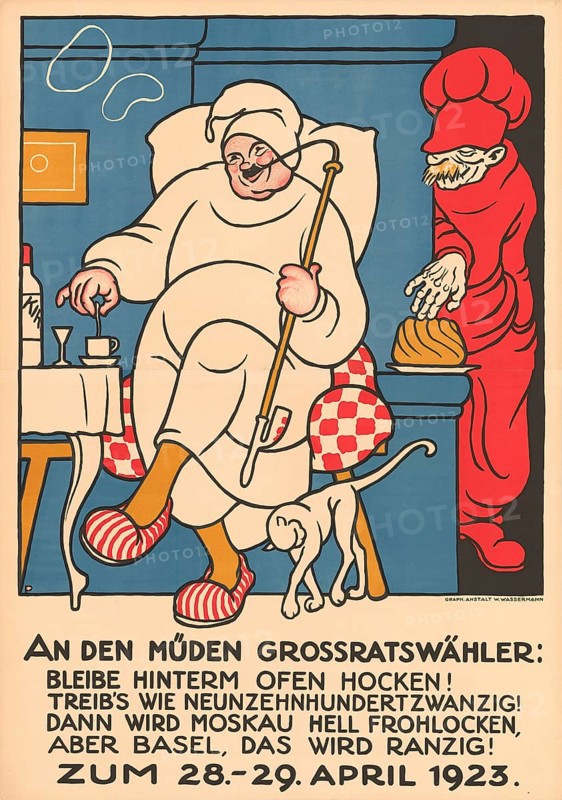 Otto Plattner (b. 29 June 1886, d. 20 October 1951), Swiss painter, graphic artist: Politics, election advertising, non-voters, 1923, Switzerland, reproduction of a poster, A humorous, colourful poster in comic style shows two people with a cat, below a text in German