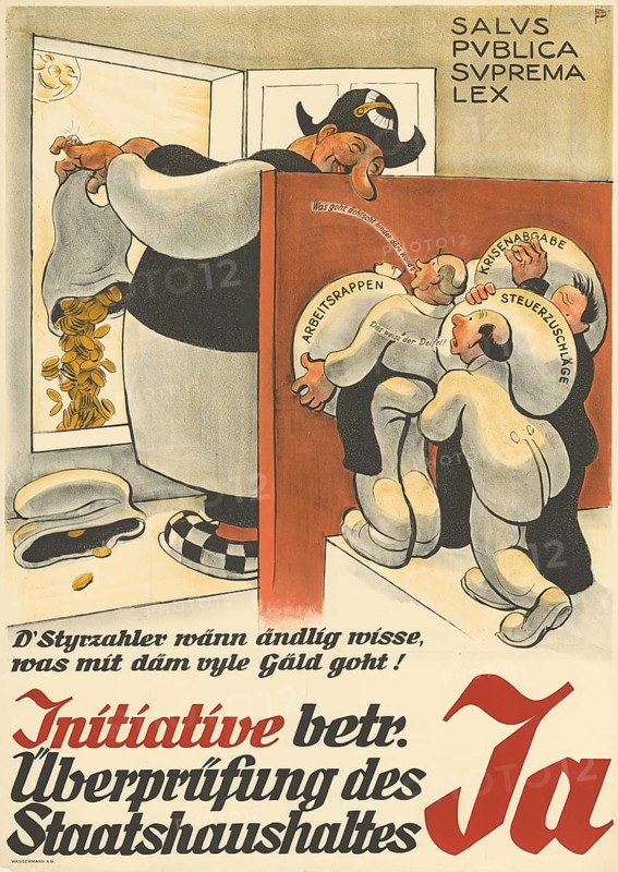 Otto Plattner (b. 29 June 1886, d. 20 October 1951), Swiss painter, graphic artist: politics, state spending, taxpayers, initiative to review the state budget, Yes, 1939, Switzerland, reproduction of a poster, A man is checked by two officials, a caricature about state finances