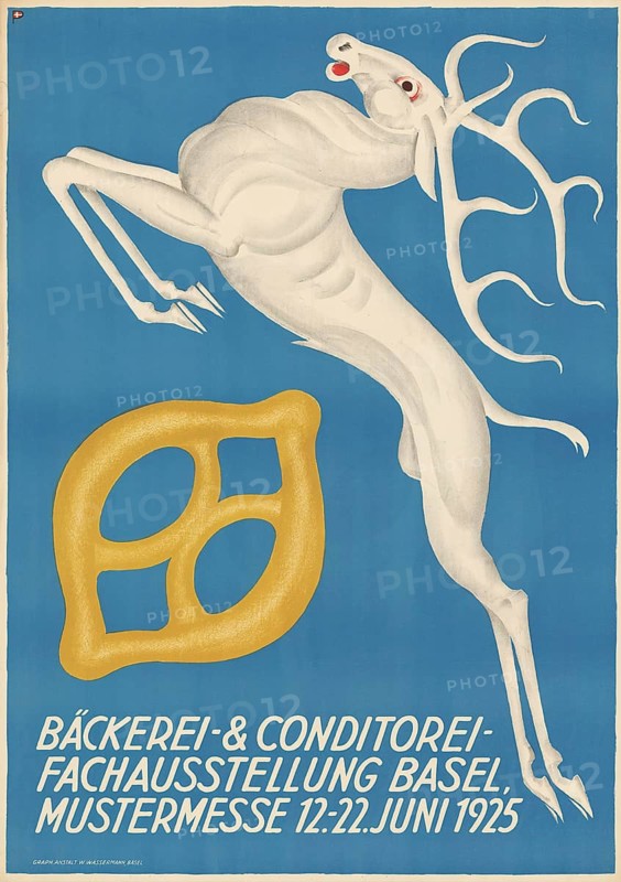Otto Plattner (b. 29 June 1886, d. 20 October 1951), Swiss painter, graphic artist: advertising, event, bakery exhibition Basel, 1925, Switzerland, reproduction of a poster, A surreal white stag with a pretzel on a blue background from an exhibition in 1925, Jumping stag and pretzel on a poster for a bakery exhibition in Basel in 1925