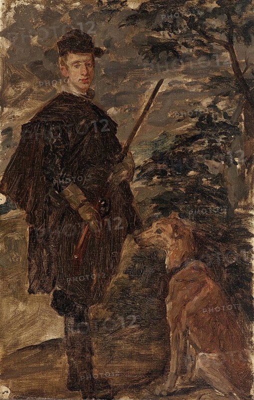Gustave Vanaise, actually Gustavus Antonius Maria Van Aise (b. 4 October 1854, d. 20 July 1902), Belgian portrait, genre and nude painter: portrait of the Cardinal Infante don Fernando after Diego Rodriguez de Silva y Velázquez (19th century), Portrait of the Cardinal Infante don Fernando after Diego Rodriguez de Silva y Velázquez (19th century), authentic, digitally restored reproduction from a 19th century model, exact date unknown. century), authentic, digitally restored reproduction from a 19th century model, exact date of depiction unknown, historical, man in hunter's clothing with dog, posing outside, serious expression