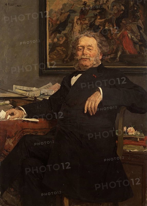 Gustave Vanaise, actually Gustavus Antonius Maria Van Aise (b. 4 October 1854, d. 20 July 1902), Belgian portrait, genre and nude painter: portrait of the Composer Charles Miry (1885), Portrait of the Composer Charles Miry (1885), authentic, digitally restored reproduction from a 19th century original, exact date of depiction unknown, Historical, Elderly man in suit, sitting in front of painting, serious expression