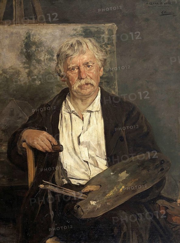 Gustave Vanaise, actually Gustavus Antonius Maria Van Aise (b. 4 October 1854, d. 20 July 1902), Belgian portrait, genre and nude painter: portrait of the Artist Cesar De Cock (1884), Portrait of the Artist Cesar De Cock (1884), authentic, digitally restored reproduction from a 19th century original, exact date of depiction unknown, historical, Elderly man in studio with painter's palette, concentrated look