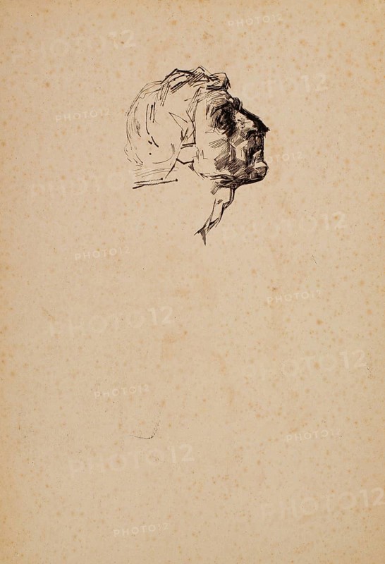 Gustave Vanaise, actually Gustavus Antonius Maria Van Aise (born 4 October 1854, died 20 July 1902), Belgian portrait, genre and nude painter: Head of a man, Head of a man, authentic, digitally restored reproduction from a 19th century model, exact date of depiction unknown, Historical, A simple sketch of a head profile on a blank background. Reduced design