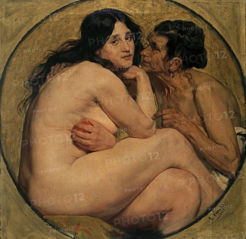 Gustave Vanaise, actually Gustavus Antonius Maria Van Aise (b. 4 October 1854, d. 20 July 1902), Belgian portrait, genre and nude painter: Eve The Temptation (19th century), authentic, digitally restored reproduction from a 19th century model, exact date of depiction unknown, historical, Two persons in a round picture frame, one seated and nude. Expression of intimacy and thoughtfulness