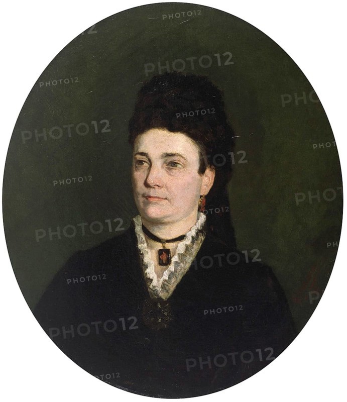 Gustave Vanaise, actually Gustavus Antonius Maria Van Aise (born 4 October 1854, died 20 July 1902), Belgian portrait, genre and nude painter: portrait of a Woman (1876), Portrait of a Woman (1876), authentic, digitally restored reproduction from a 19th century original, exact date of depiction unknown, historical, portrait of a woman in an elegant dress against a black background. The expression is calm
