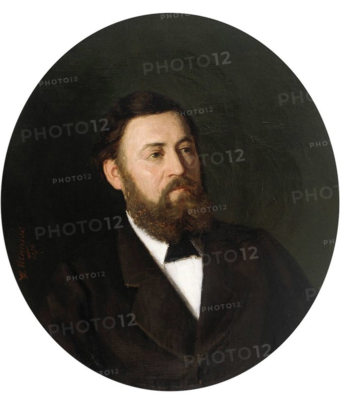 Gustave Vanaise, actually Gustavus Antonius Maria Van Aise (born 4 October 1854, died 20 July 1902), Belgian portrait, genre and nude painter: portrait of a Man (1893), Portrait of a Man (1893), authentic, digitally restored reproduction from a 19th century original, exact date of depiction unknown, historical, portrait of a man with a beard in a suit. The background is dark and emphasises the face