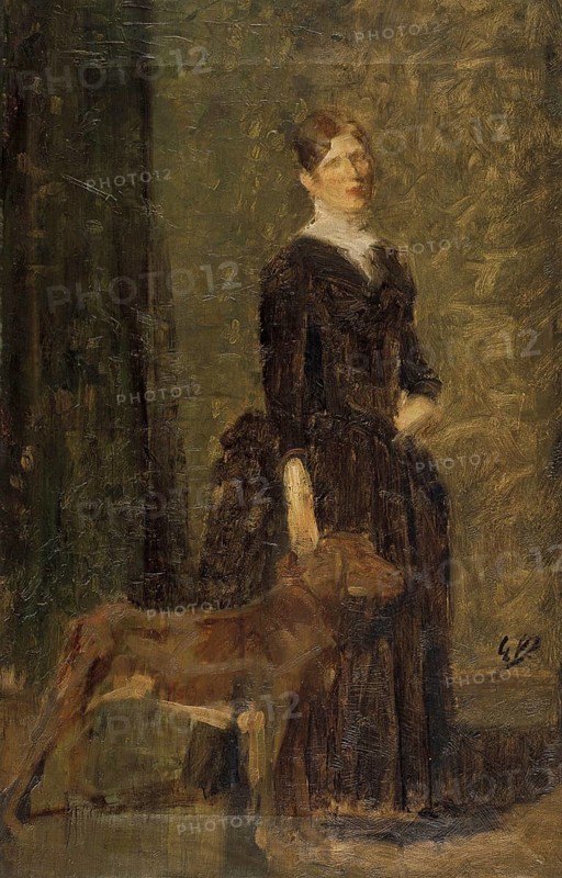 Gustave Vanaise, real name Gustavus Antonius Maria Van Aise (b. 4 October 1854, d. 20 July 1902), Belgian portrait, genre and nude painter: Study for the Portrait of Marie De Coster, the Artist's Wife (ca. 1880), Study for the Portrait of Marie De Coster, the Artist's Wife (ca. 1880), authentic, digitally restored reproduction from a 19th century original, exact date of depiction unknown, historical, woman in a dark dress with a dog, in a formal setting