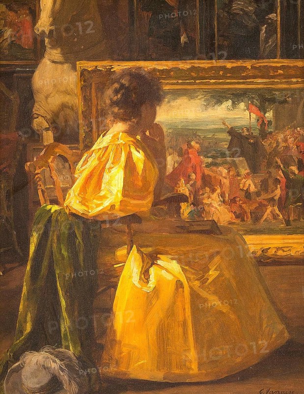 Gustave Vanaise, real name Gustavus Antonius Maria Van Aise (b. 4 October 1854, d. 20 July 1902), Belgian portrait, genre and nude painter: Visiting The Atelier, authentic, digitally restored reproduction from a 19th century original, exact date of depiction unknown, historical, woman in a studio looking at a painting, in a warm, artistic ambience