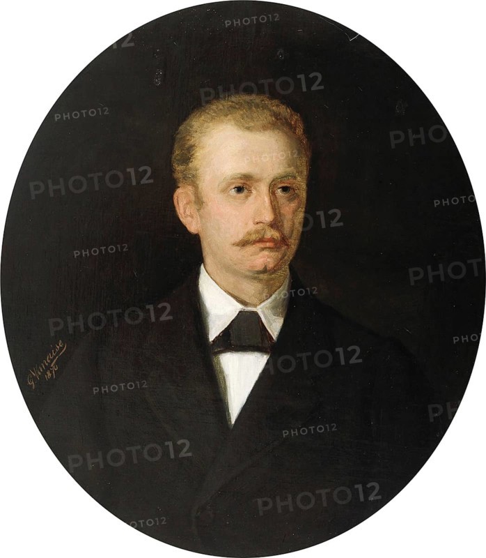 Gustave Vanaise, actually Gustavus Antonius Maria Van Aise (b. 4 October 1854, d. 20 July 1902), Belgian portrait, genre and nude painter: portrait of a Man (1876), Portrait of a Man (1876), authentic, digitally restored reproduction from a 19th century original, exact date of depiction unknown, historical, portrait of a man with a moustache in a black suit against a dark background