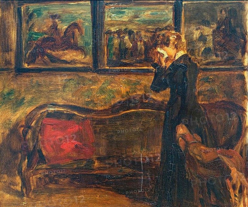 Gustave Vanaise, actually Gustavus Antonius Maria Van Aise (b. 4 October 1854, d. 20 July 1902), Belgian portrait, genre and nude painter: Weeping Woman (19th century), authentic, digitally restored reproduction from a 19th century original, exact date of depiction unknown, historical, Melancholic woman in a room with paintings on the wall