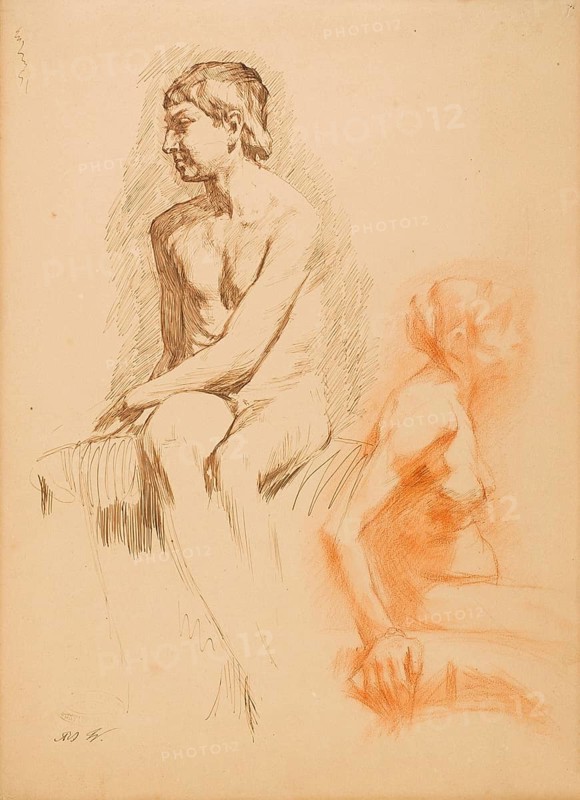 Gustave Vanaise, actually Gustavus Antonius Maria Van Aise (b. 4 October 1854, d. 20 July 1902), Belgian portrait, genre and nude painter: Study of a Female Nude and a Nude Boy, Seated (19th century), Study of a Seated Woman and a Seated Boy (19th century), authentic, digitally restored reproduction from a 19th century model, exact date of depiction unknown, Historical, Two figures in a sketchy depiction