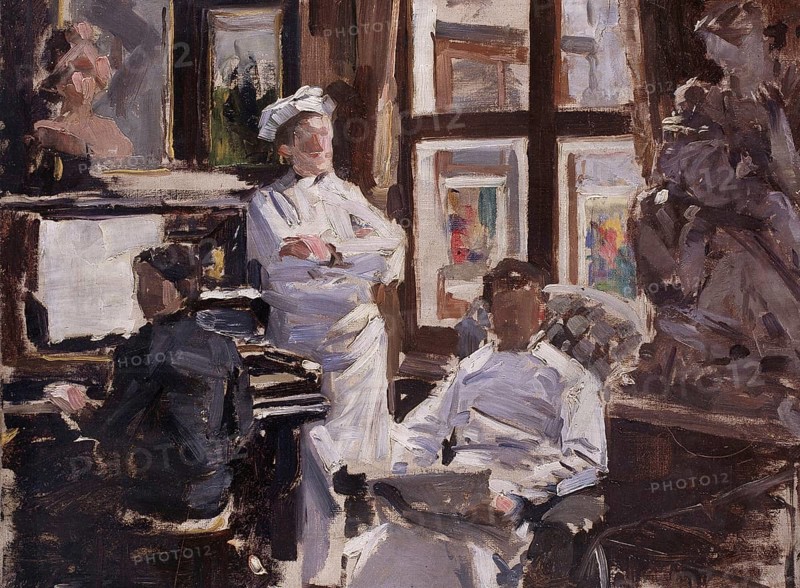 Gustave Vanaise, actually Gustavus Antonius Maria Van Aise (b. 4 October 1854, d. 20 July 1902), Belgian portrait, genre and nude painter: The Pastry Chefs or The Vanaise Brothers (study) (19th century), authentic, digitally restored reproduction from a 19th century original, exact date of depiction unknown, historical, scenes from an artist's studio with two people and paintings