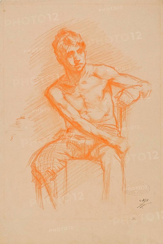 Gustave Vanaise, actually Gustavus Antonius Maria Van Aise (b. 4 October 1854, d. 20 July 1902), Belgian portrait, genre and nude painter: Seated Boy (19th century), authentic, digitally restored reproduction from a 19th century model, exact date of depiction unknown, historical, sketch of a seated, pensive man in orange
