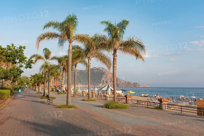 Seafront pedestrian walk and cycle path beside Cleopatra Beach in the Turkish holiday resort town of Alanya on the Mediterranean coast of Turkey, the Turkish Riviera