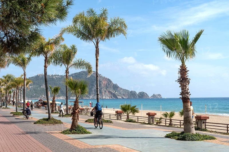 Alanya, Turkey. April 8th 2021 The palm tree lined sea cycle path Alanya peninsula on the Turkish Mediterranean, Turkey