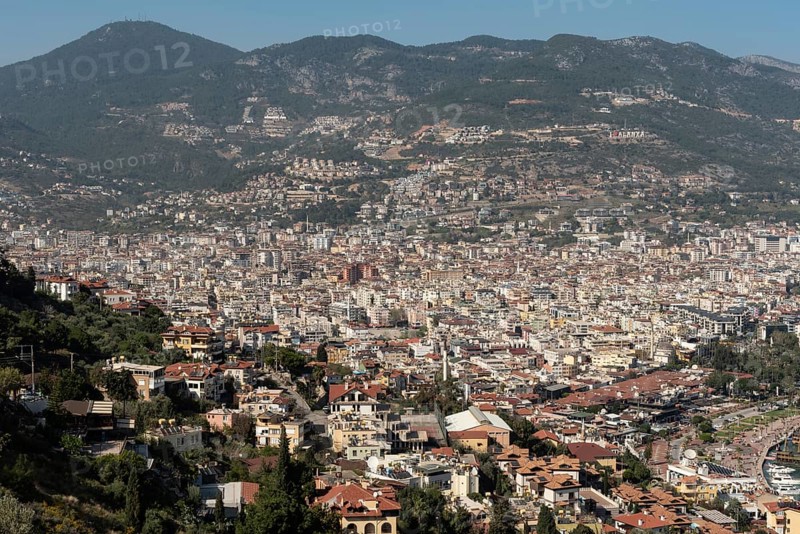 Alanya, Turkey. April 7th 2021 Aerial view of Alanya city set on the slopes the Taurus Mountains, Turkey