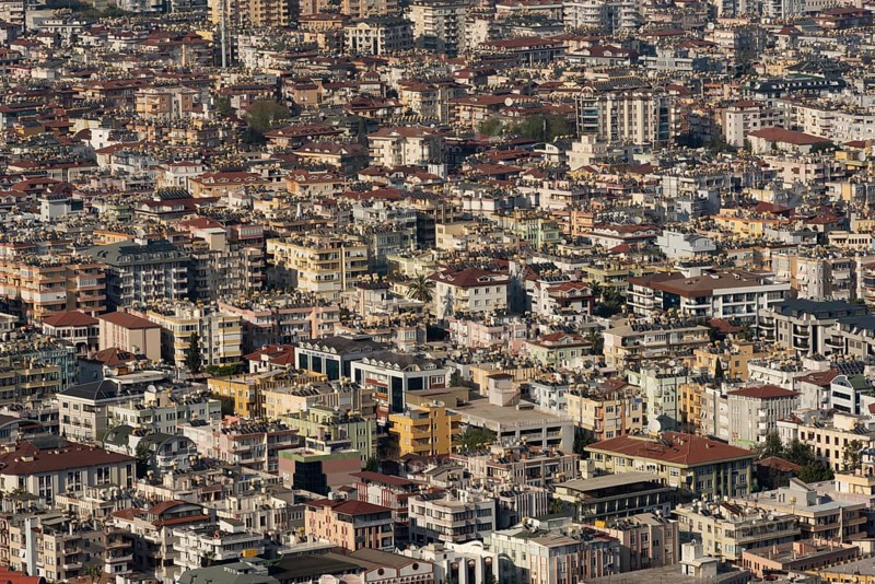 Alanya, Turkey. April 7th 2021 Aerial view of rooftops of the crowded city of Alanya on the Turkish Coast, Turkey