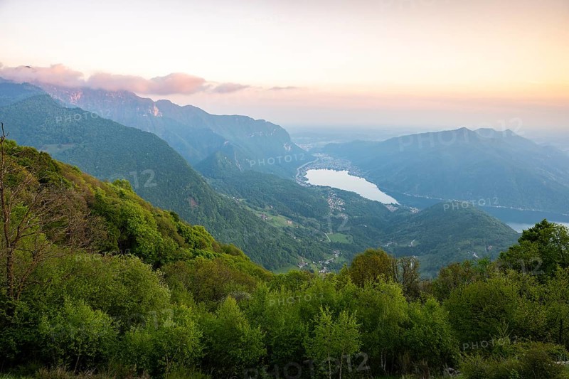 View of Lake Lugano from Mount Sighignola at sunset, Balcone Svizzero, Tessin, Switzerland