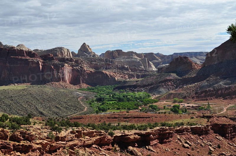 Extensive view of a canyon with green valleys and red mountains, Fruita, Capitol Reef National Park, Utha, USA