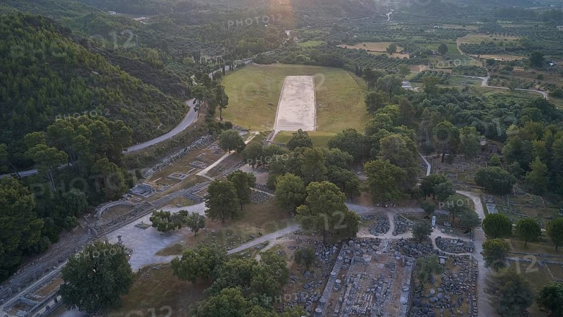 Stadium, Temple of Hera, Temple of Zeus, Old Ruins and Sports Area in the Midst of Woods and Meadows, Drone Shot, Archaeological Site, Ancient Olympia, Peloponnese, Greece