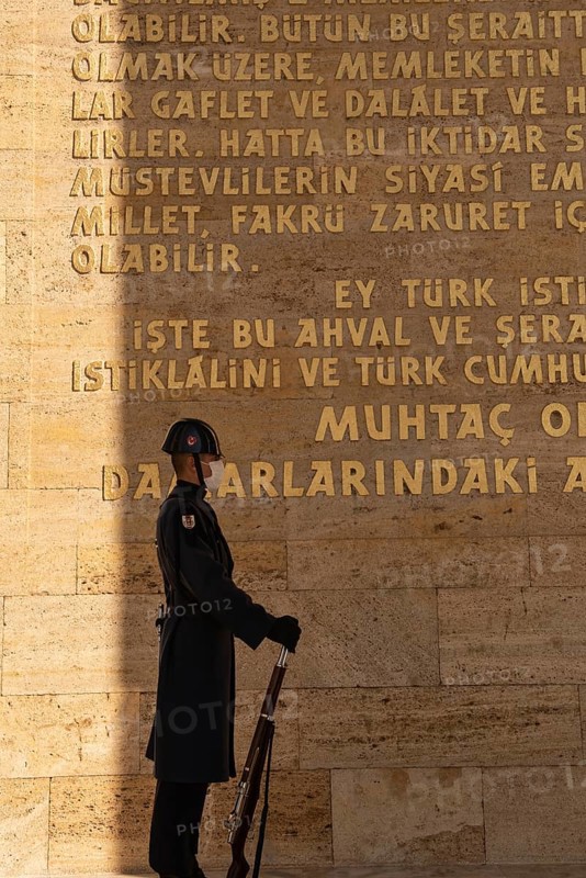 Ankara, Turkey. November 24th 2020 Turkish military guard wearing protective facemask due to the Covid-19 pandemic at the Anitkabir, memorial to Mustafa Kemal Ataturk, Ankara