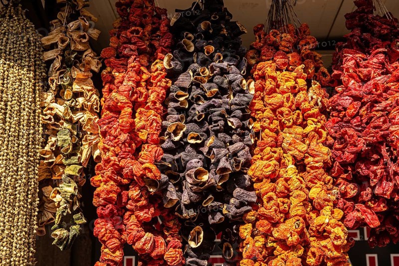 Colorful dried peppers for sale in a Turkish market