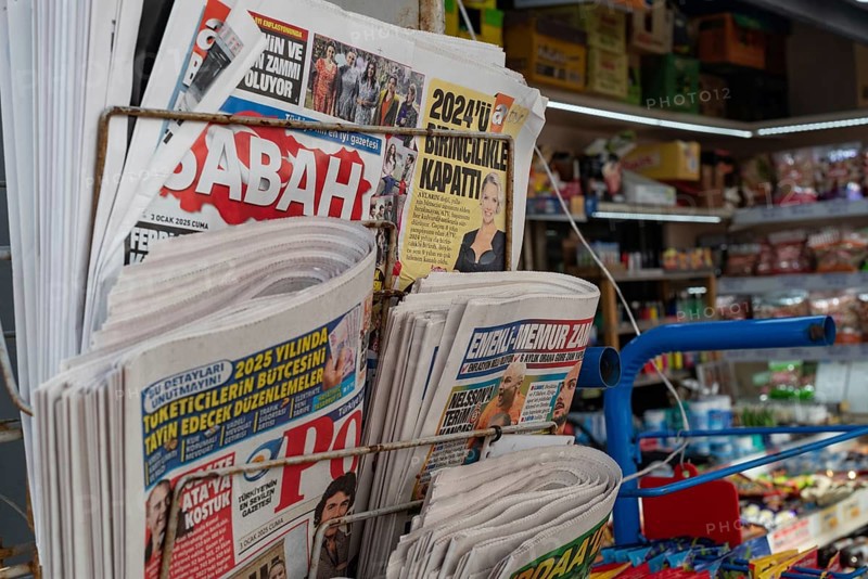 Istanbul, Turkey. January 3rd 2025. Turkish newspapers for sale outside a kiosk in the Karakoy district of Istanbul, Turkey