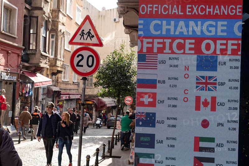 Istanbul, Turkey 7th January 2025. Currency exchange rates displayed outside a Bureau de Change office in central Istanbul, Turkey