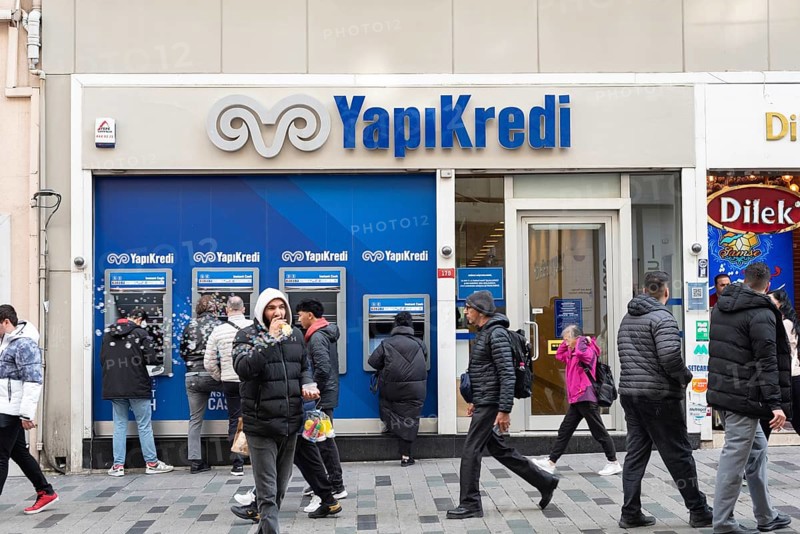 Istanbul, Turkey 7th January 2025. Yapikredi Bank branch in a busy shopping Istiklal street in central Istanbul, Turkey