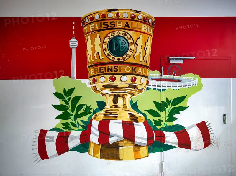 Graffiti, VfB Stuttgart as cup winner in the DFB-Pokal 2025, with landmark television tower, MHPArena, Cannstatter Wasen, S-Bahn, station, central railway station, Stuttgart, Baden-Württemberg, Germany
