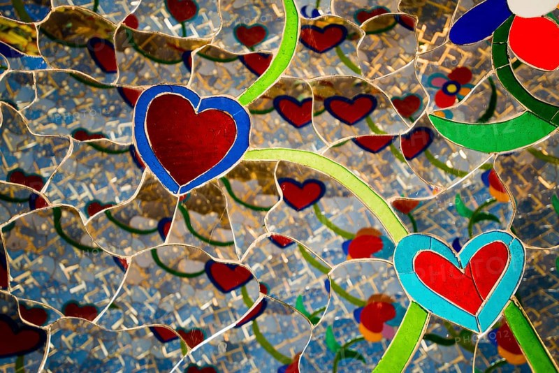 Colourful hearts made of glass and mirrors, Giardino dei Tarot, by Niki de Saint Phalle, near Capalbio, Grosseto Province, Tuscany, Italy