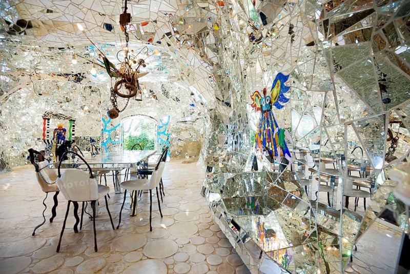 Living room made of glass and mirrors, Giardino dei Tarocchi, Tarot Garden, by Niki de Saint Phalle, near Capalbio, Province of Grosseto, Tuscany, Italy