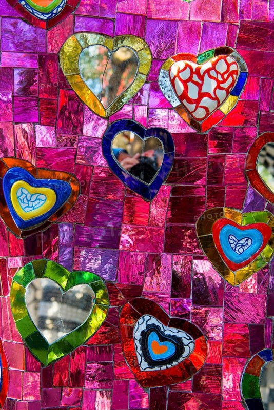 Colourful hearts made of glass and mirrors, Giardino dei Tarot, by Niki de Saint Phalle, near Capalbio, Grosseto Province, Tuscany, Italy