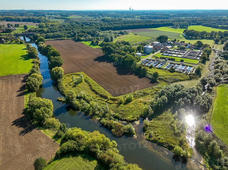 Datteln, North Rhine-Westphalia, Germany - Lippe landscape, wastewater treatment in the Datteln sewage treatment plant, KLA Dattelner Mühlenbach, right Dattelner Mühlenbach, in front of the restored Lippe river
