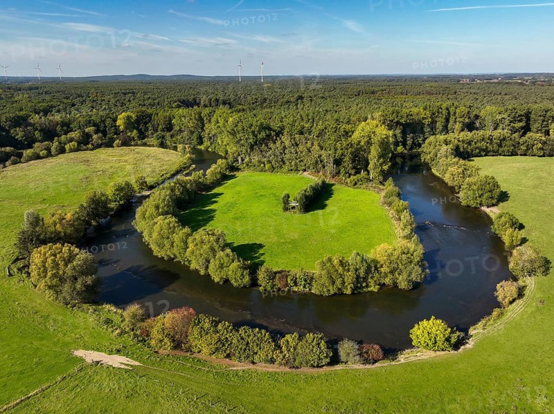 Datteln, North Rhine-Westphalia, Germany - Lippe, river and floodplain development of the Lippe near Haus Vogelsang, a near-natural river landscape was created here, an intact river-floodplain ecosystem restored with flood protection through redesigned flooded areas. The new Lippe-Schleife has created an extensive floodplain landscape that provides valuable habitat for animal and plant species